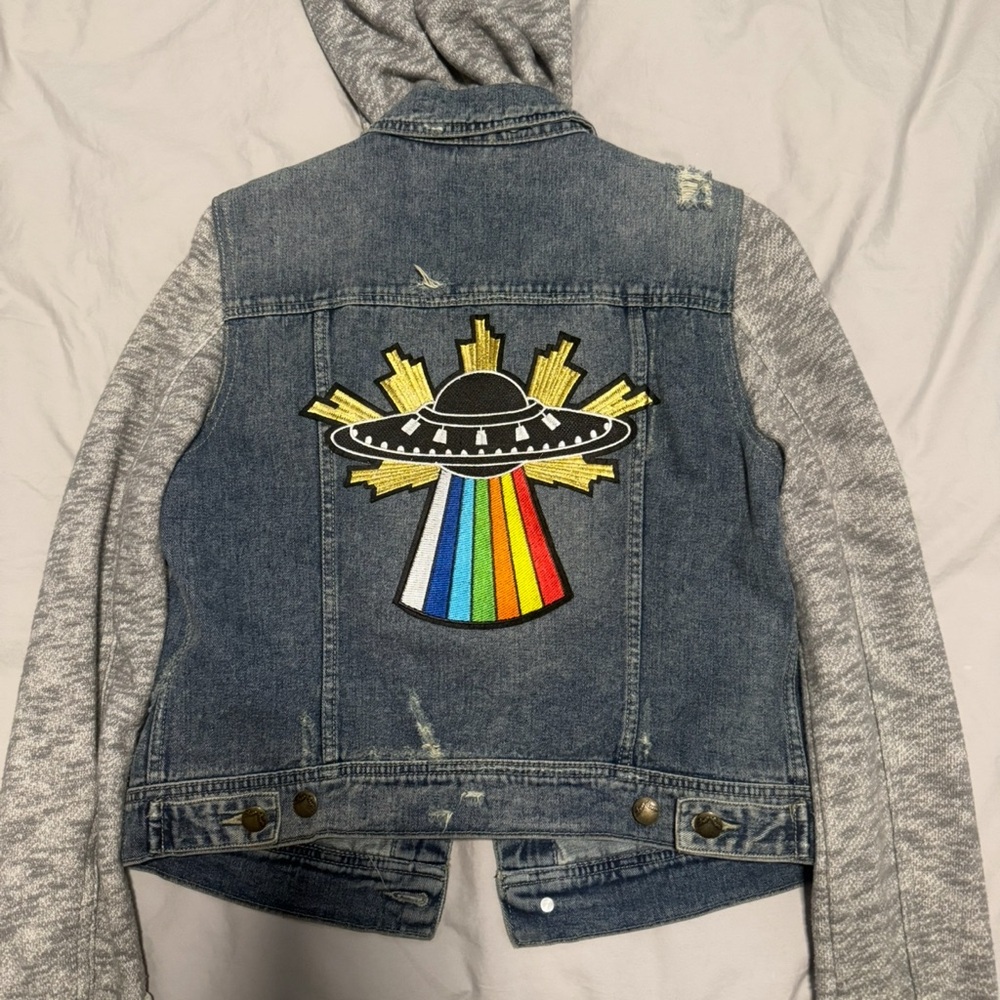 FP Movement by Free People Blue Jean Jacket with Colorful UFO Design